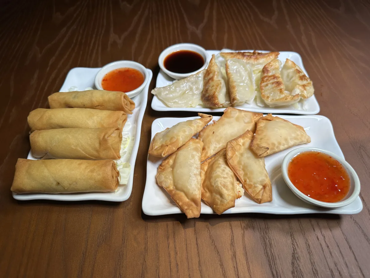 Spring rolls and pot stickers appetizer platter
